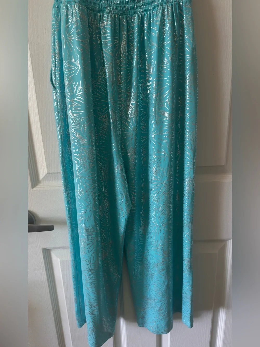 Michael Kors Turquoise Strapless Jumpsuit with Silver Foil Print